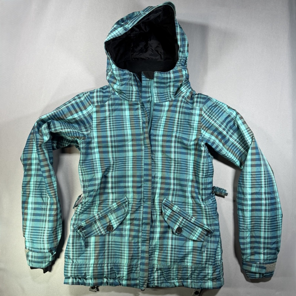 686 Mannual infiDRY Snowboard Jacket Teal Plaid Hooded Womens XS 10k Waterproof
